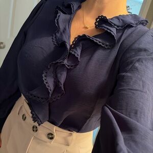 Navy Blue ruffle blouse Petite Medium fits more like small top